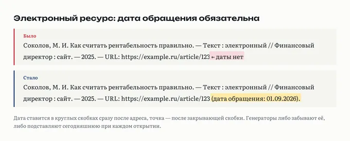 Сравнение: в неправильном варианте описание сайта обрывается на адресе, в правильном после адреса стоит «(дата обращения: 01.09.2026)»