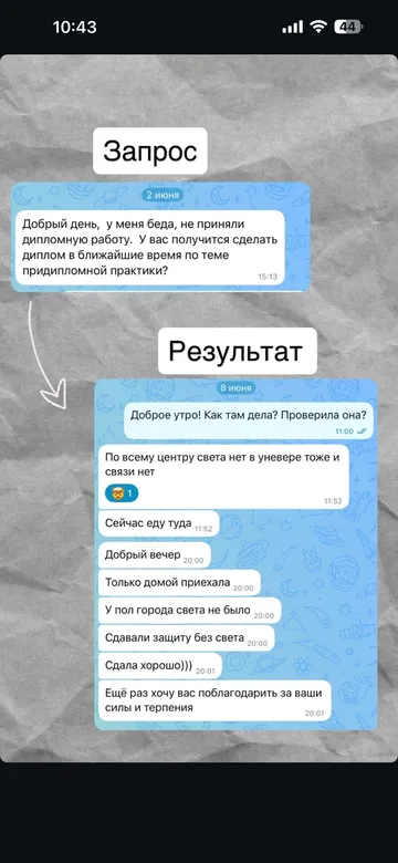 Переписка: дипломную работу не приняли, через шесть дней защита прошла успешно