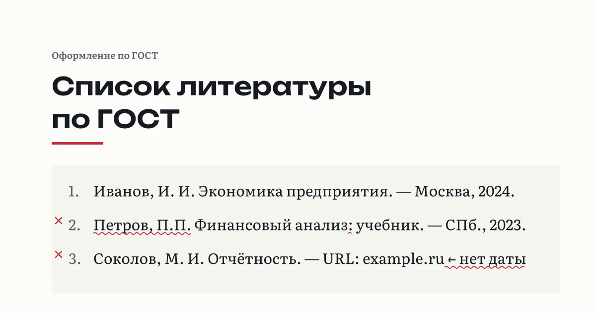 Фрагмент списка литературы: две строки из трёх отчёркнуты красным как ошибочные